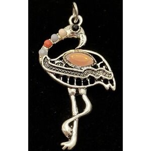 Flamingo Silver Tone Ornate Charm Pendant Pink Peach Blue Cabochon Coastal